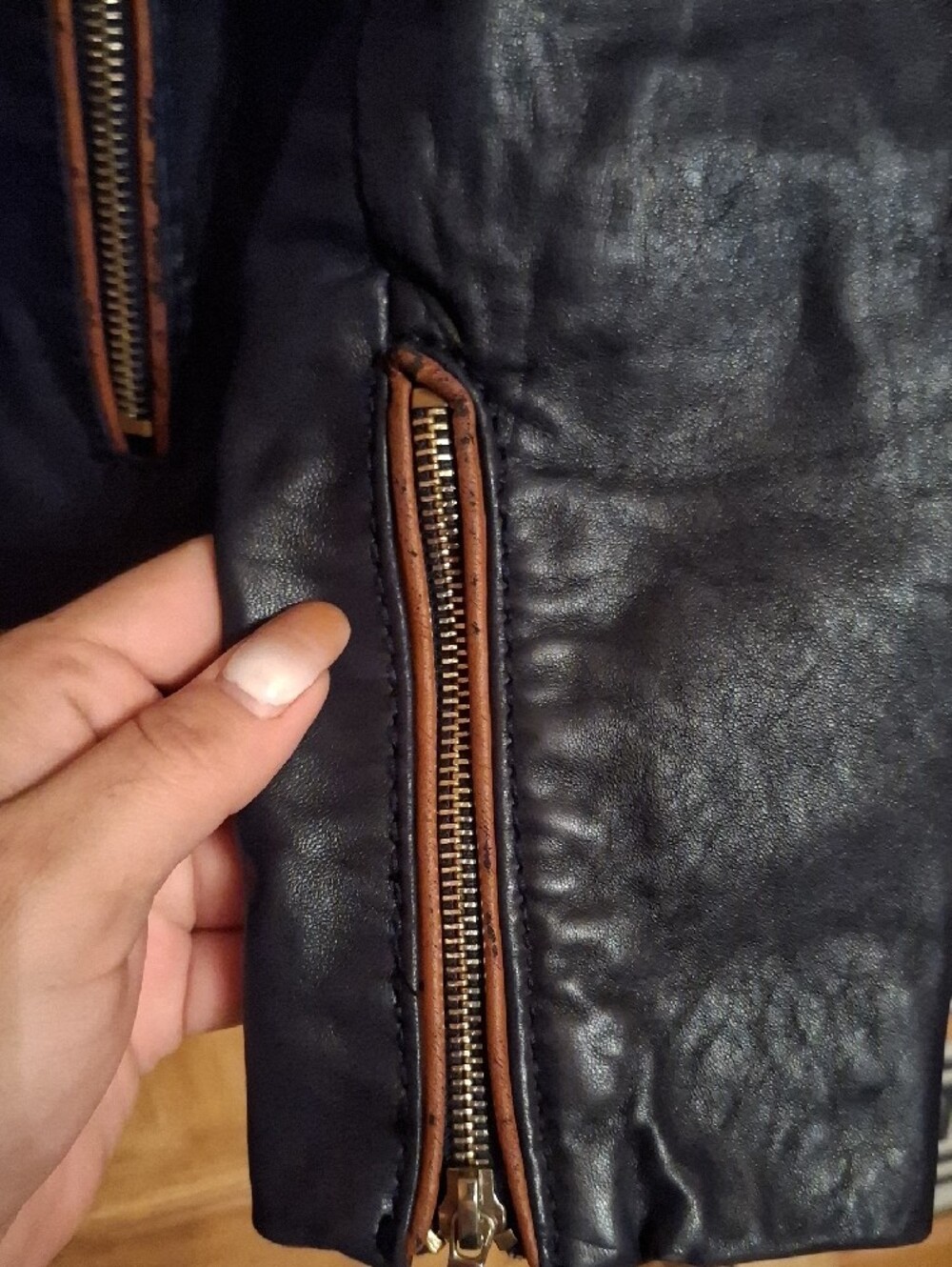 Michael Kors Navy Leather Moto Jacket with Tan Contrast Trim - Picture 7 of 15
